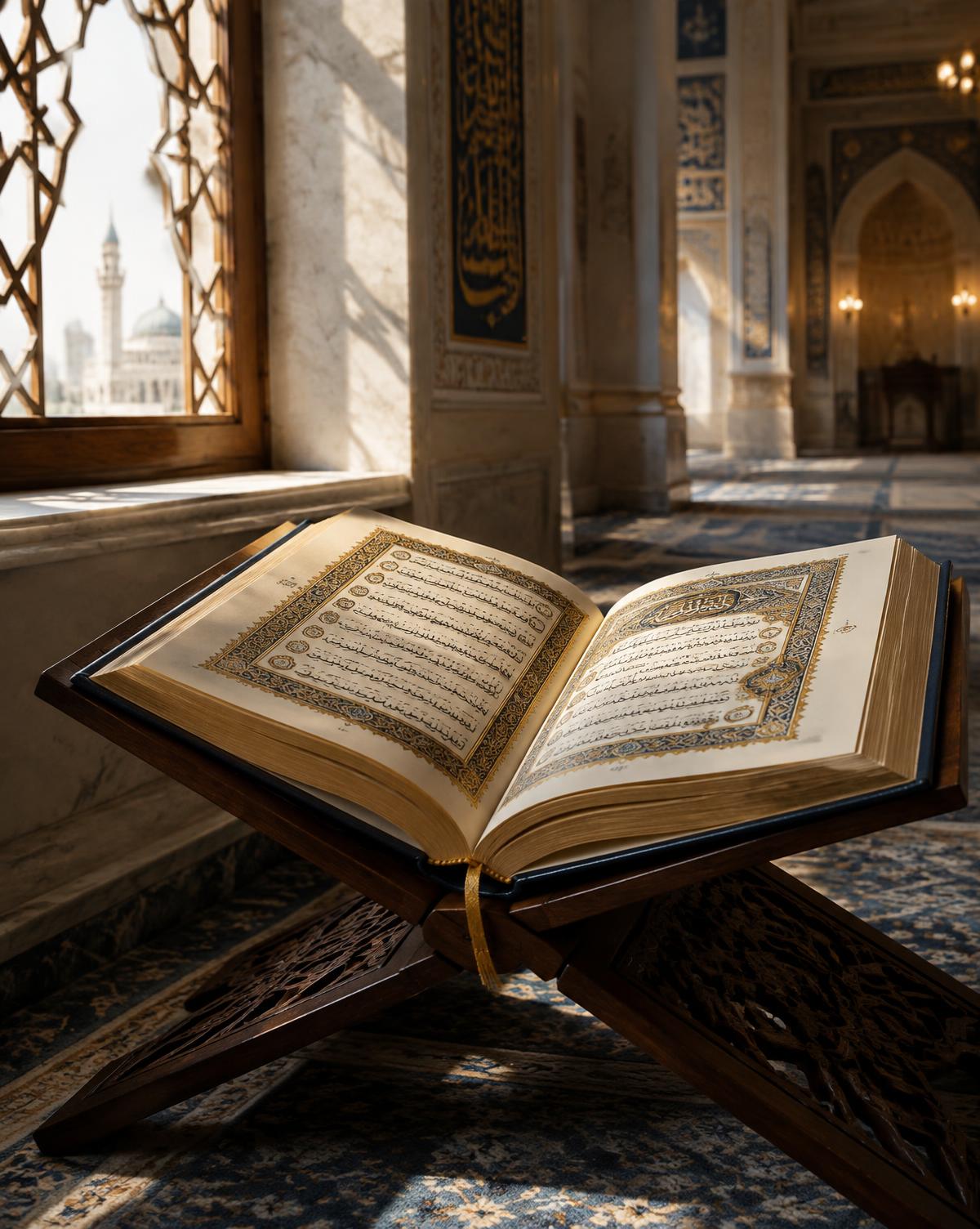 An open Quran on a carved wooden stand